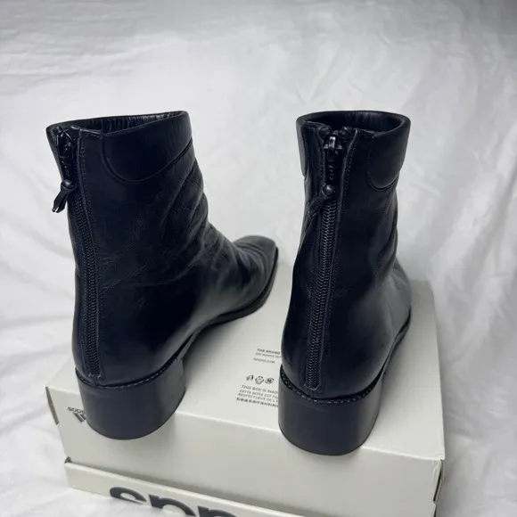 Stuart Weitzman Boots  Black Leather Ankle Square Toe Block Heel  Women