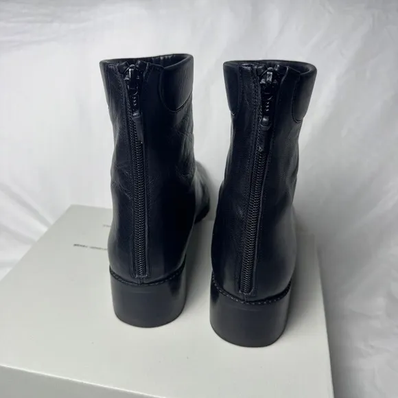 Stuart Weitzman Boots  Black Leather Ankle Square Toe Block Heel  Women