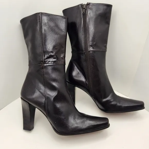 Stuart Weitzman boots women's 7B brown glossy leather high heel mid calf luxury