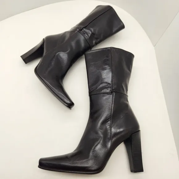 Stuart Weitzman boots women's 7B brown glossy leather high heel mid calf luxury