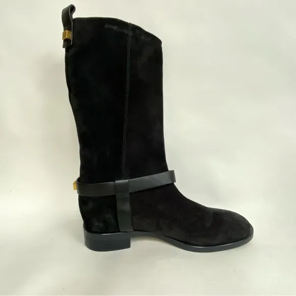 Stuart Weitzman Casey Boots Black Suede Leather Harness Riding Boot US 9.5 $695