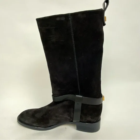 Stuart Weitzman Casey Boots Black Suede Leather Harness Riding Boot US 9.5 $695