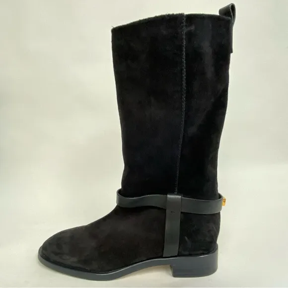 Stuart Weitzman Casey Boots Black Suede Leather Harness Riding Boot US 9.5 $695