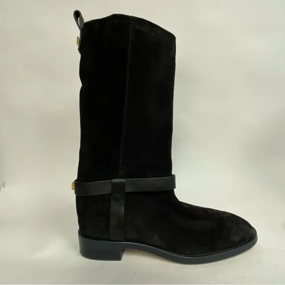 Stuart Weitzman Casey Boots Black Suede Leather Harness Riding Boot US 9.5 $695