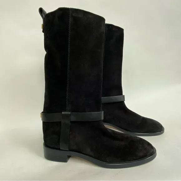 Stuart Weitzman Casey Boots Black Suede Leather Harness Riding Boot US 9.5 $695