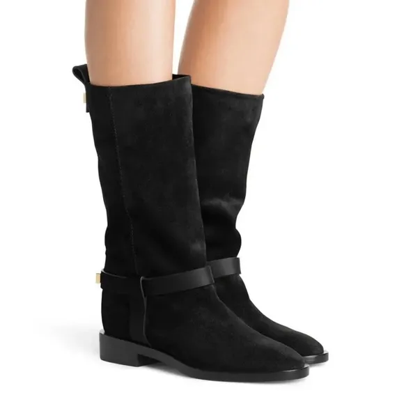 Stuart Weitzman Casey Boots Black Suede Leather Harness Riding Boot US 9.5 $695