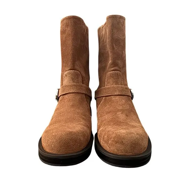 Stuart Weitzman Maverick Suede Buckle Biker Pull On Boots Women's Size 7.5B NWOB