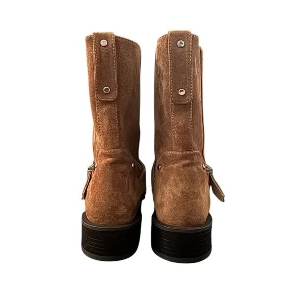 Stuart Weitzman Maverick Suede Buckle Biker Pull On Boots Women's Size 7.5B NWOB