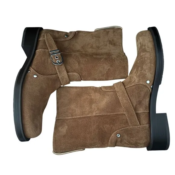 Stuart Weitzman Maverick Suede Buckle Biker Pull On Boots Women's Size 7.5B NWOB
