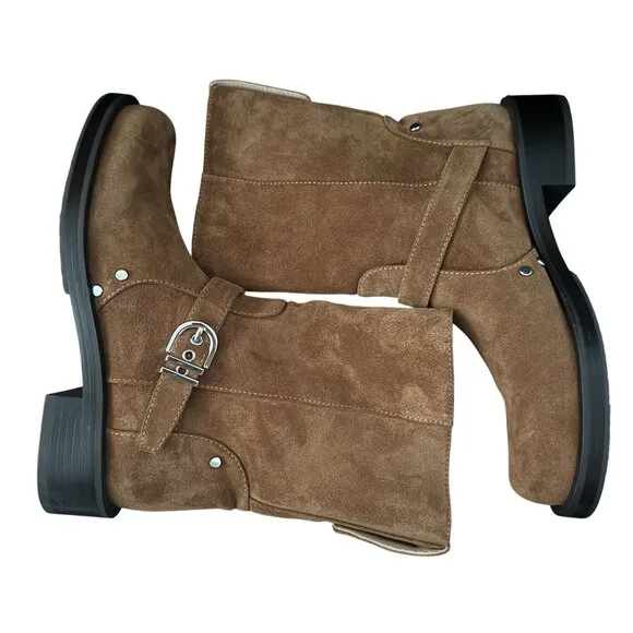 Stuart Weitzman Maverick Suede Buckle Biker Pull On Boots Women's Size 7.5B NWOB