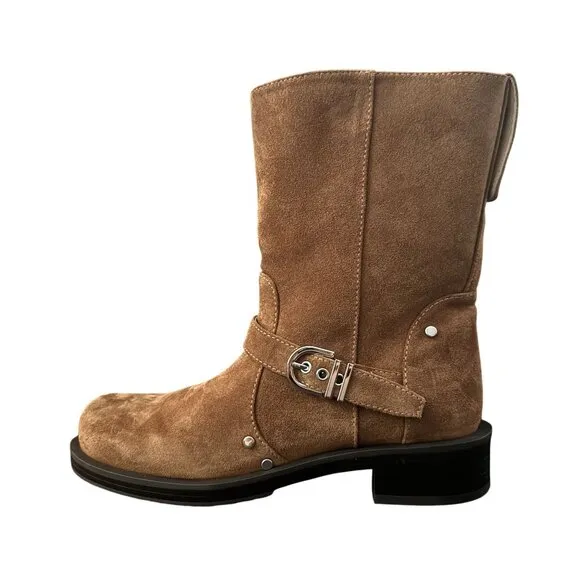 Stuart Weitzman Maverick Suede Buckle Biker Pull On Boots Women's Size 7.5B NWOB