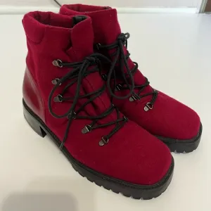 Stuart Weitzman Red Wool Leather Vintage 90s Lace-up Combat Boots Womens 5.5