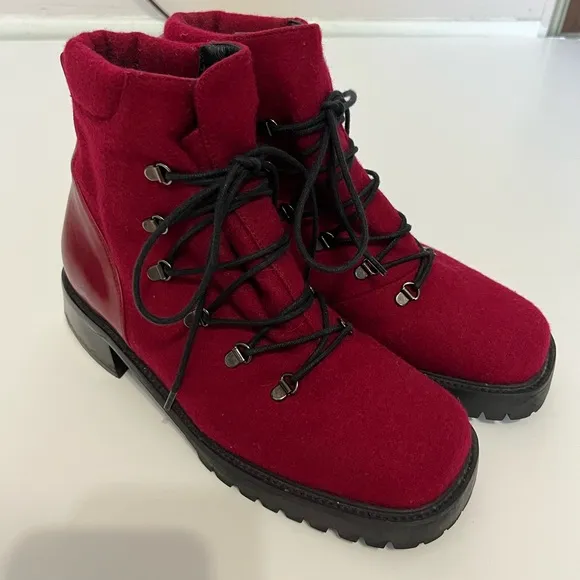 Stuart Weitzman Red Wool Leather Vintage 90s Lace-up Combat Boots Womens 5.5