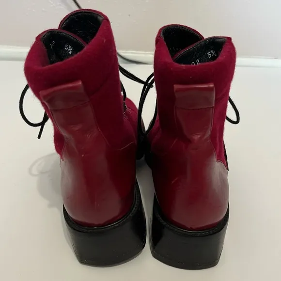 Stuart Weitzman Red Wool Leather Vintage 90s Lace-up Combat Boots Womens 5.5