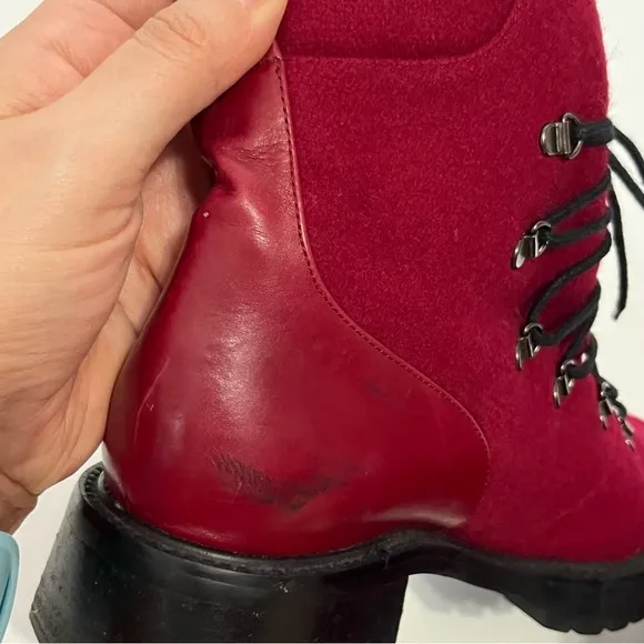 Stuart Weitzman Red Wool Leather Vintage 90s Lace-up Combat Boots Womens 5.5