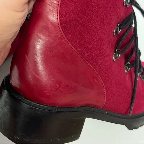 Stuart Weitzman Red Wool Leather Vintage 90s Lace-up Combat Boots Womens 5.5