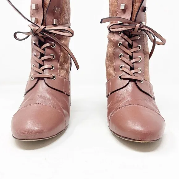 Stuart Weitzman Veruka Leather Lace Up Rose Mauve Boots Sz 8