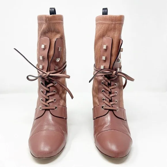 Stuart Weitzman Veruka Leather Lace Up Rose Mauve Boots Sz 8