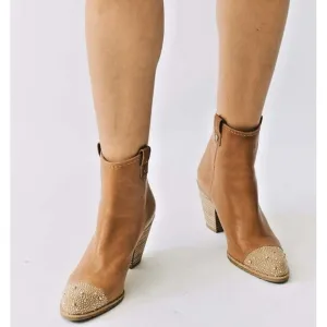 Stuart Weitzman Women Size 7.5M Studded Toe Zip‎ Back Tan Leather Ankle Bootie