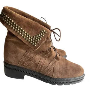 Stuart Weitzman Yadastud Brown Suede Bronze Stud Moto Ankle Boots Size 8M