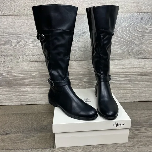 STYLE &amp; COMPANY Black Buckle Accent Slip Resistant Kezlin Heel Riding Boot NIB