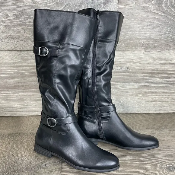 STYLE &amp; COMPANY Black Buckle Accent Slip Resistant Kezlin Heel Riding Boot NIB