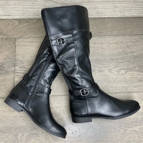 STYLE &amp; COMPANY Black Buckle Accent Slip Resistant Kezlin Heel Riding Boot NIB