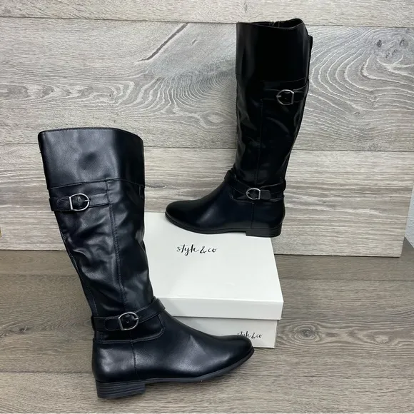 STYLE &amp; COMPANY Black Buckle Accent Slip Resistant Kezlin Heel Riding Boot NIB