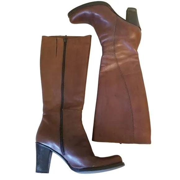 SunDance 38 Brown Knee High Boots Riding Heels USA Butter Soft Leather Vtg