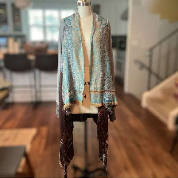 Sutter Larkin Long Duster Cardigan Handmade Bohemian Fringe Mixed Materials