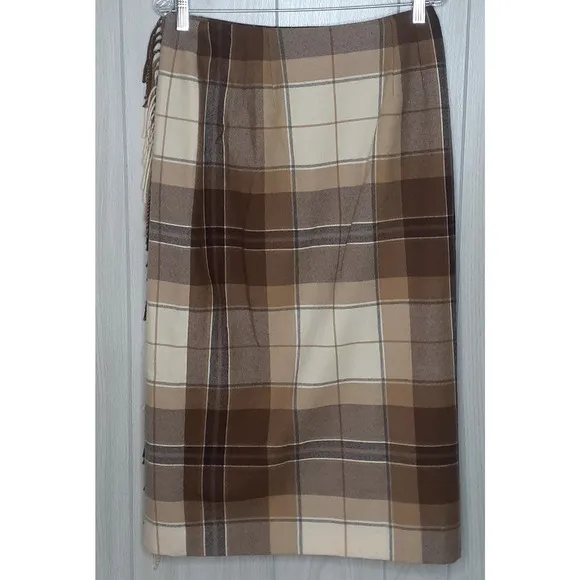 Talbots Lambs Wool Wrap Skirt Plaid Browns Size 12 Petite Fringe Midi Lined