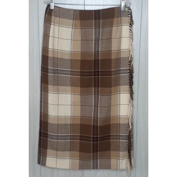 Talbots Lambs Wool Wrap Skirt Plaid Browns Size 12 Petite Fringe Midi Lined