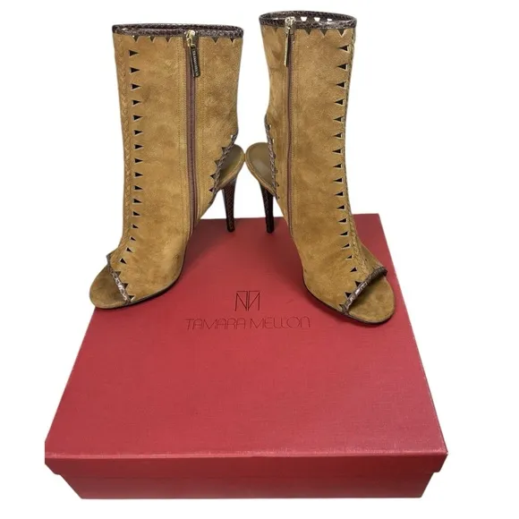 Tamara Mellon - Women's Suede Cut-Out Boots, ‘Sunkiss’ - Tan, Size US 8, IT 38