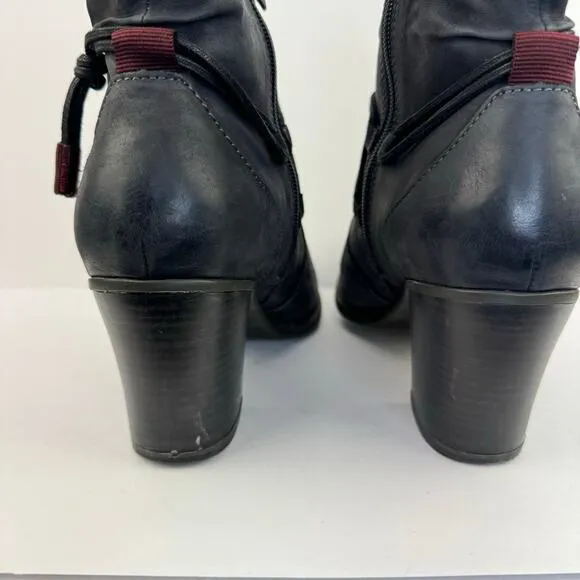 TAMARIS | Gray Leather Tassel Detail Mid Calf Chunky Heel Boots | Women's 42