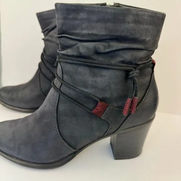 TAMARIS | Gray Leather Tassel Detail Mid Calf Chunky Heel Boots | Women's 42