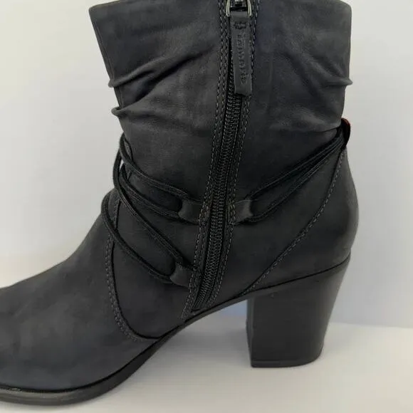 TAMARIS | Gray Leather Tassel Detail Mid Calf Chunky Heel Boots | Women's 42