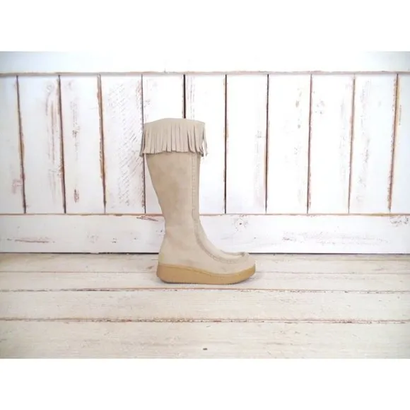 Tan suede leather fringe tall wedge boots