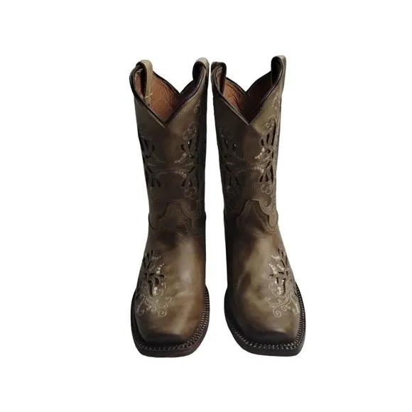Tanner Mark Girls Pull-On Burnished Sand Butterfly Inlay Western Boots Sz US 12