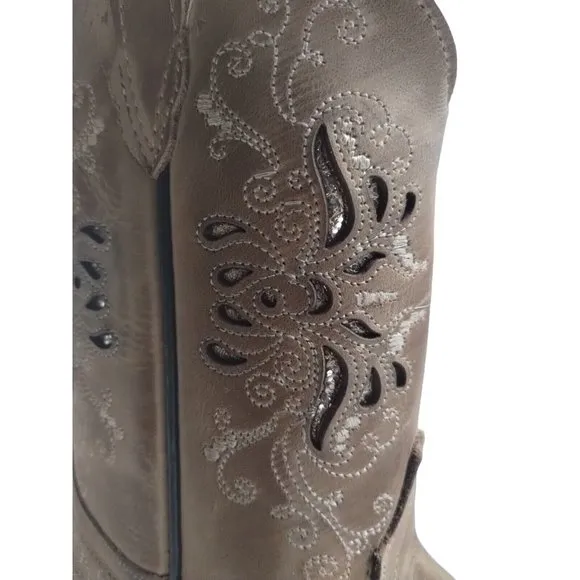 Tanner Mark Girls Pull-On Burnished Sand Butterfly Inlay Western Boots Sz US 12