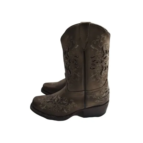 Tanner Mark Girls Pull-On Burnished Sand Butterfly Inlay Western Boots Sz US 12