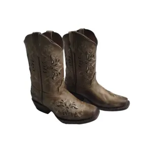 Tanner Mark Girls Pull-On Burnished Sand Butterfly Inlay Western Boots Sz US 12