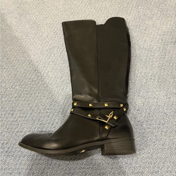 Thalia Sodi Vallie Black Riding Boots Women's Size 10W Wide Calf gold stud heart