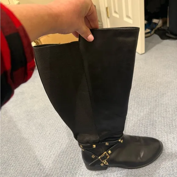 Thalia Sodi Vallie Black Riding Boots Women's Size 10W Wide Calf gold stud heart