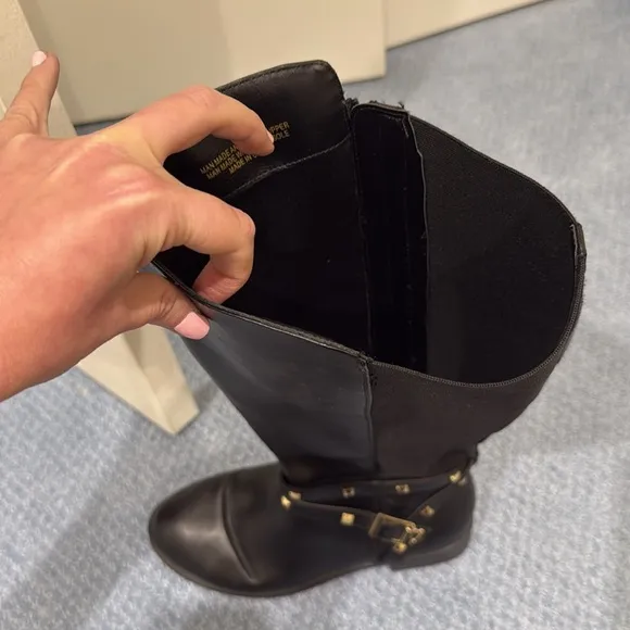 Thalia Sodi Vallie Black Riding Boots Women's Size 10W Wide Calf gold stud heart