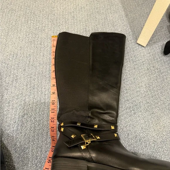 Thalia Sodi Vallie Black Riding Boots Women's Size 10W Wide Calf gold stud heart