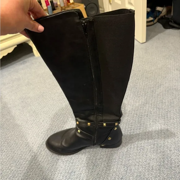 Thalia Sodi Vallie Black Riding Boots Women's Size 10W Wide Calf gold stud heart