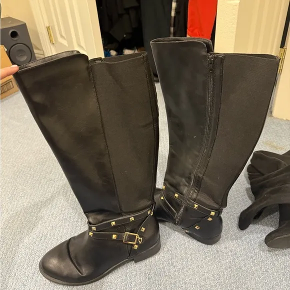 Thalia Sodi Vallie Black Riding Boots Women's Size 10W Wide Calf gold stud heart