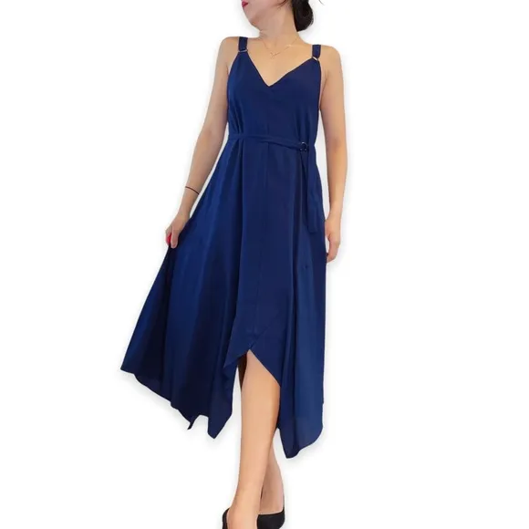 The Fifth Label Navy Blue Silky Asymmetrical Hem Midi Dress Size XS