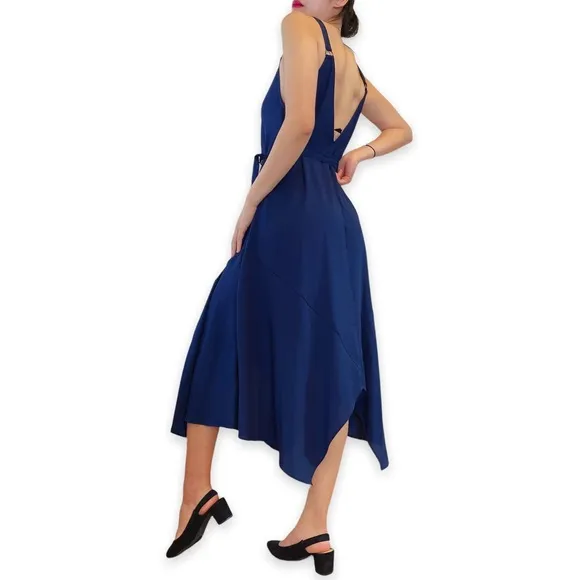 The Fifth Label Navy Blue Silky Asymmetrical Hem Midi Dress Size XS