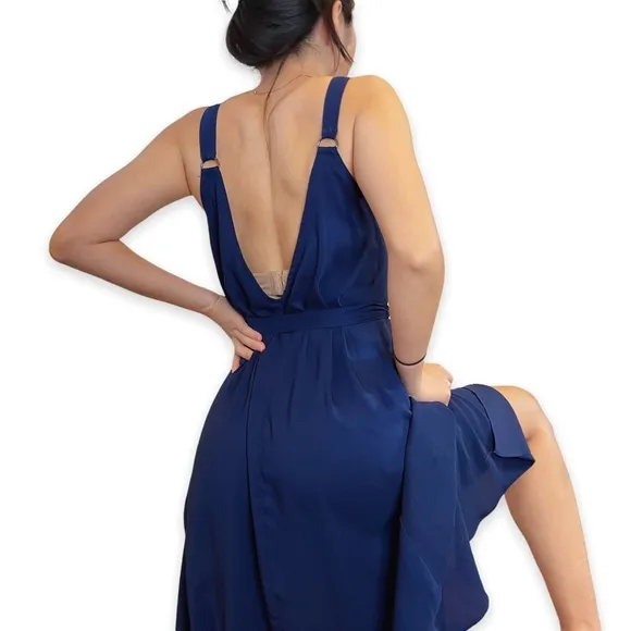 The Fifth Label Navy Blue Silky Asymmetrical Hem Midi Dress Size XS